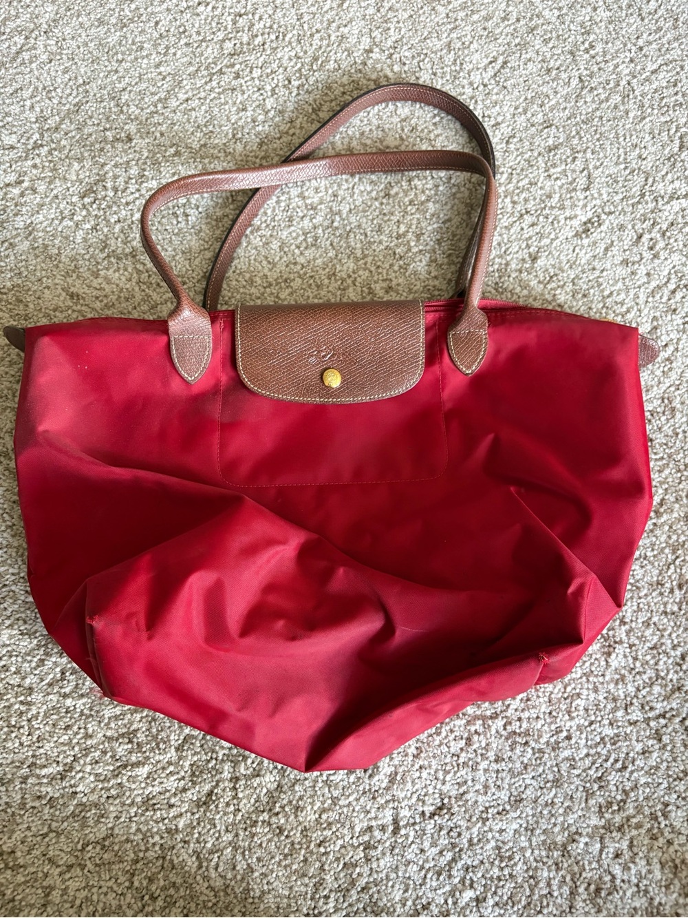Longchamp Large Red Tote with Brown Leather Trim